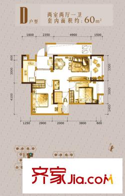 萬(wàn)科悅峰戶型圖三期1、2、3號(hào)樓標(biāo)準(zhǔn)層D戶型 2室2廳1衛(wèi)1廚