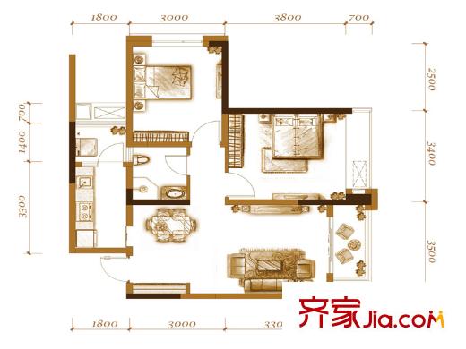 萬(wàn)科悅峰戶型圖一期5、6、7號(hào)樓標(biāo)準(zhǔn)層2號(hào)房 2室2廳1衛(wèi)1廚