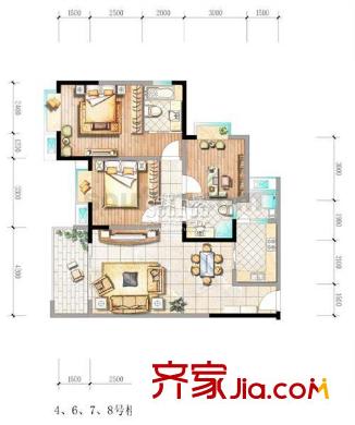 升偉新時(shí)空二期戶型圖4、6、7、8號(hào)樓 3室2廳2衛(wèi)1廚