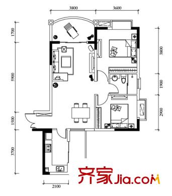 長安錦繡城二期12號樓標準層3號房 2室2廳1衛(wèi)1廚