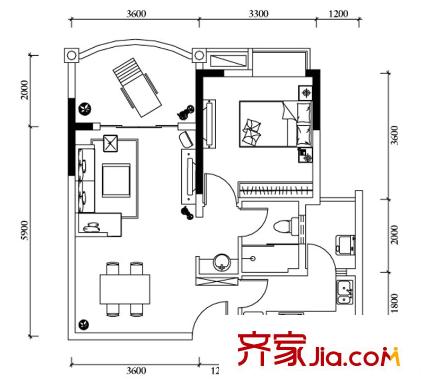 長安錦繡城二期11、12號樓標準層2號房 1室1廳1衛(wèi)1廚