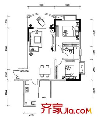 長安錦繡城二期11號樓標準層3號房 2室2廳1衛(wèi)1廚