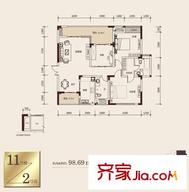 強(qiáng)輝金色池塘戶型圖四期熙汀11號(hào)樓標(biāo)準(zhǔn)層2號(hào)房 3室2廳2衛(wèi)1廚