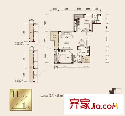 強(qiáng)輝金色池塘戶型圖四期熙汀11號(hào)樓標(biāo)準(zhǔn)層1號(hào)房 2室2廳2衛(wèi)1廚