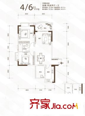 長安錦繡城二期攬勝5號樓標準層4/6號房 2室2廳1衛(wèi)1廚