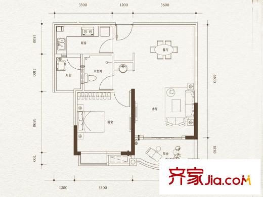 長安錦繡城三期錦尚6號樓標準層2號房 1室2廳1衛(wèi)1廚