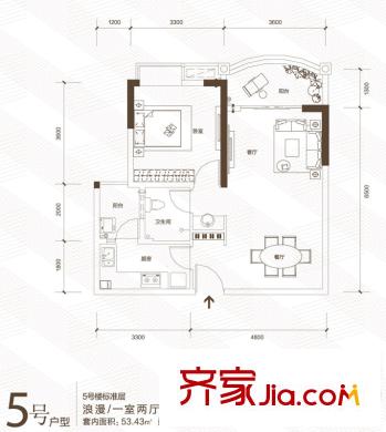 長安錦繡城二期攬勝5號樓標準層5號房 1室2廳1衛(wèi)1廚