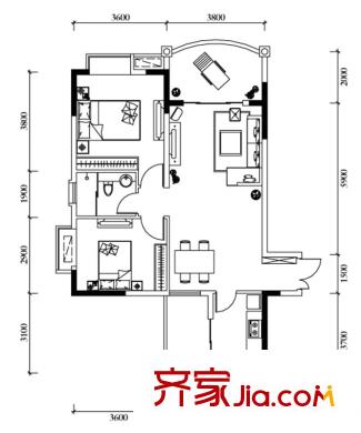 長安錦繡城二期11、12號樓標準層1號房 2室2廳1衛(wèi)1廚