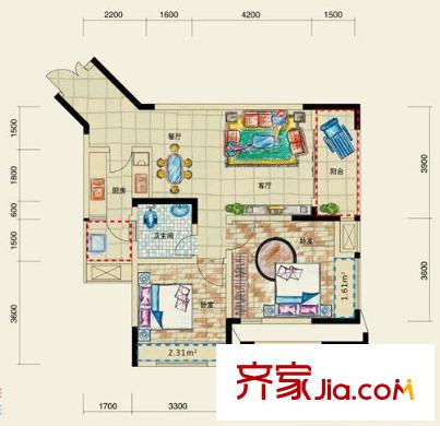 強(qiáng)輝金色池塘戶型圖19號(hào)樓8號(hào)戶型 2室2廳1衛(wèi)1廚
