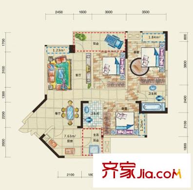 強(qiáng)輝金色池塘戶型圖19號(hào)樓7號(hào)戶型 3室2廳1衛(wèi)1廚