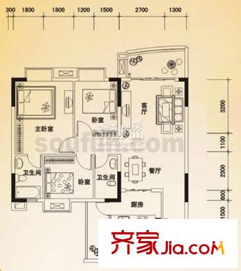 保利香檳花園戶型圖F型 3室2廳2衛(wèi)1廚
