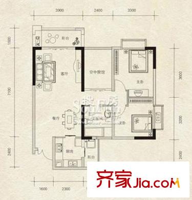 保利香檳花園戶型圖F組團(tuán)C戶型 2室2廳1衛(wèi)1廚