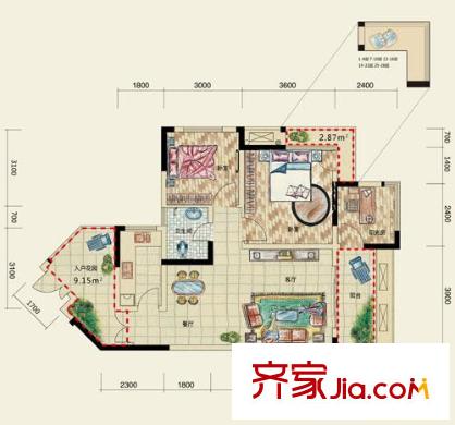 強(qiáng)輝金色池塘戶型圖19號(hào)樓5號(hào)戶型 3室2廳1衛(wèi)1廚
