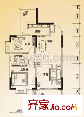 保利香檳花園戶型圖B型 2室2廳1衛(wèi)1廚
