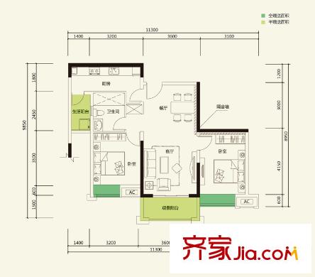 重慶總部城戶(hù)型圖一期1、2號(hào)樓標(biāo)準(zhǔn)層A2戶(hù)型 2室2廳1衛(wèi)1廚