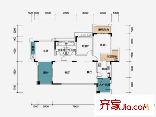 重慶總部城戶(hù)型圖一期F3棟標(biāo)準(zhǔn)層D-3戶(hù)型  3室2廳2衛(wèi)1廚