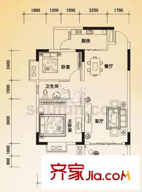 保利香檳花園戶型圖A型 2室2廳1衛(wèi)1廚