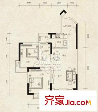 保利香檳花園戶型圖F組團(tuán)B戶型 2室2廳1衛(wèi)1廚