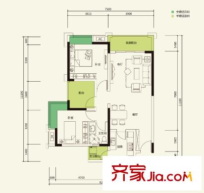 重慶總部城戶型圖一期1、2號樓標(biāo)準(zhǔn)層A3戶型 2室2廳1衛(wèi)1廚