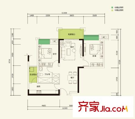 重慶總部城戶(hù)型圖一期1、2號(hào)樓標(biāo)準(zhǔn)層A1戶(hù)型 2室2廳1衛(wèi)1廚
