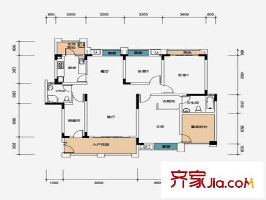 重慶總部城戶(hù)型圖一期F3棟標(biāo)準(zhǔn)層D-1戶(hù)型  3室2廳2衛(wèi)1廚