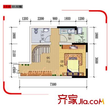 晉愉九龍灣戶型圖6號樓B1、B2戶型 1室1廳1衛(wèi)1廚
