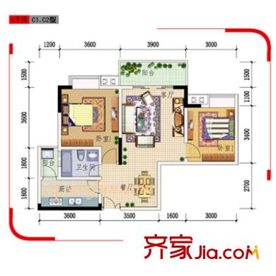 晉愉九龍灣戶型圖6號樓C1、C2戶型 2室2廳1衛(wèi)1廚