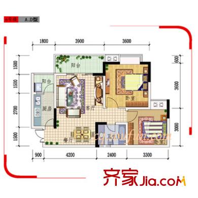 晉愉九龍灣戶型圖6號(hào)樓A、D戶型 2室2廳1衛(wèi)1廚