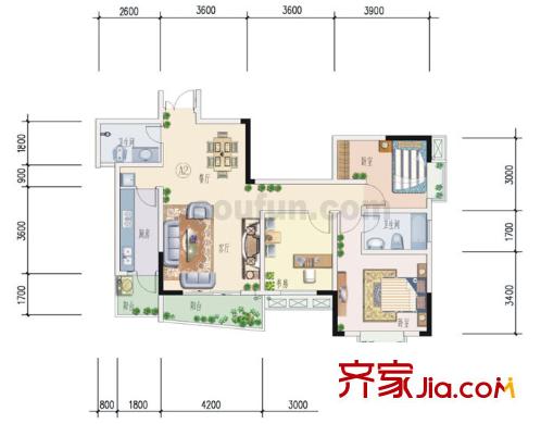 晉愉九龍灣戶型圖A2(二期) 3室2廳2衛(wèi)1廚