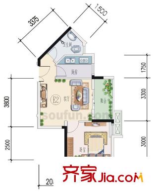 晉愉九龍灣戶型圖E2(二期) 1室1廳1衛(wèi)1廚