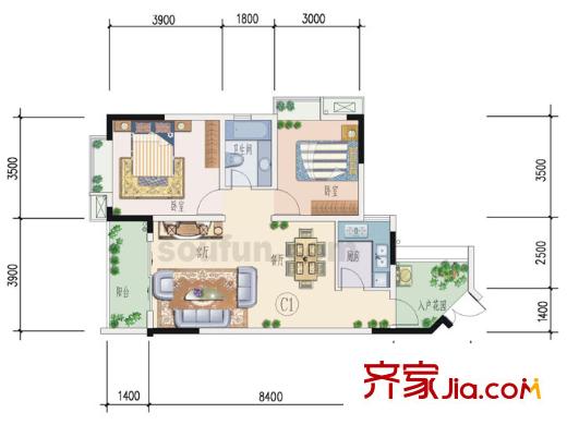 晉愉九龍灣戶型圖C1(二期) 2室2廳1衛(wèi)1廚