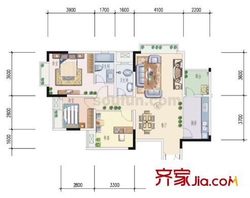 晉愉九龍灣戶型圖A1(二期) 3室2廳2衛(wèi)1廚