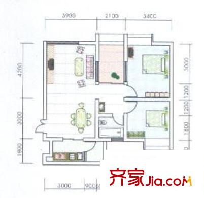 楓橋水郡戶型圖戶型圖 2室2廳1衛(wèi)1廚