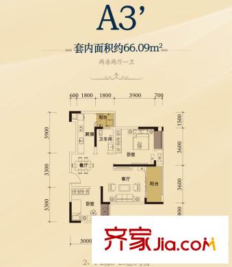 融科金湖灣一期1-2號樓標(biāo)準(zhǔn)層A3’戶型 2室2廳1衛(wèi)1廚