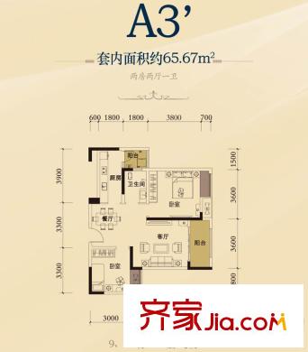 融科金湖灣一期9/1-1號樓標準層A3戶型 2室2廳1衛(wèi)1廚