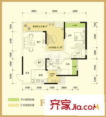 匯祥好萊塢戶型圖二期戶型F 2室2廳1衛(wèi)1廚