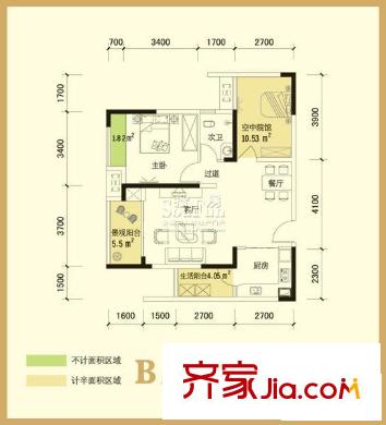 匯祥好萊塢戶型圖二期戶型B 1室2廳1衛(wèi)1廚