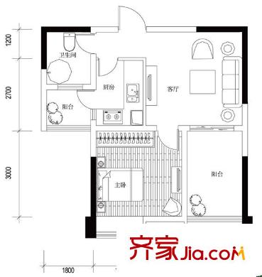 俊峰龍鳳云洲戶型圖12棟9號房 1室1廳1衛(wèi)1廚