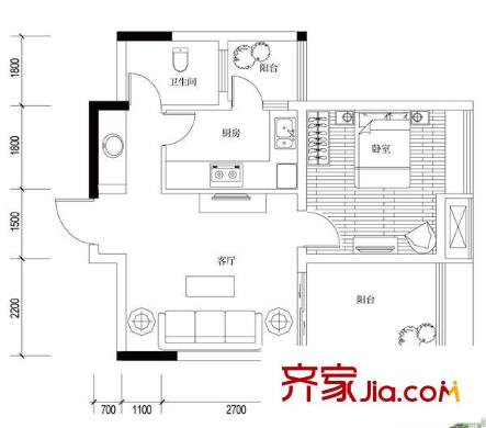 俊峰龍鳳云洲戶型圖12棟7號房 1室1廳1衛(wèi)1廚