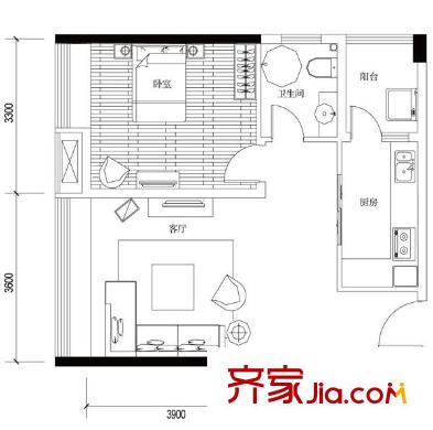 俊峰龍鳳云洲戶型圖12棟3、4號房 1室1廳1衛(wèi)1廚