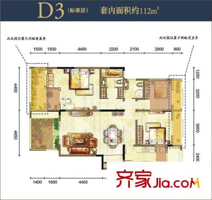 萬科緹香郡戶型圖三組團4號樓D3戶型(洋房標(biāo)準(zhǔn)層) 3室2廳2衛(wèi)1廚