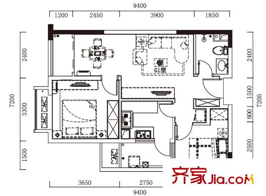 萬科緹香郡戶型圖一期1號(hào)樓18層MINI公館G1戶型(標(biāo)準(zhǔn)層) 2室2廳1衛(wèi)1廚