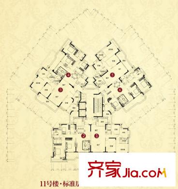 恒大綠洲戶型圖二期11號樓1、2號房標準層平面圖 4室2廳2衛(wèi)1廚