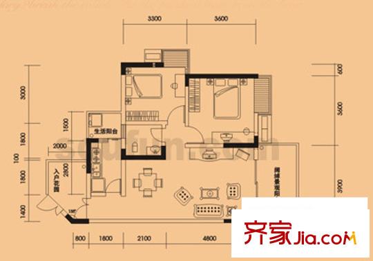 光宇陽(yáng)光地中海戶(hù)型圖F戶(hù)型-2-4-5-7幢 2室2廳1衛(wèi)1廚