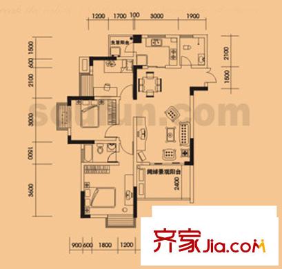 光宇陽(yáng)光地中海戶(hù)型圖C戶(hù)型-2-4-5-7幢 3室2廳1衛(wèi)1廚