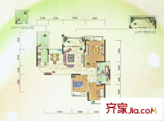保利心語花園戶型圖C8 3室2廳2衛(wèi)1廚
