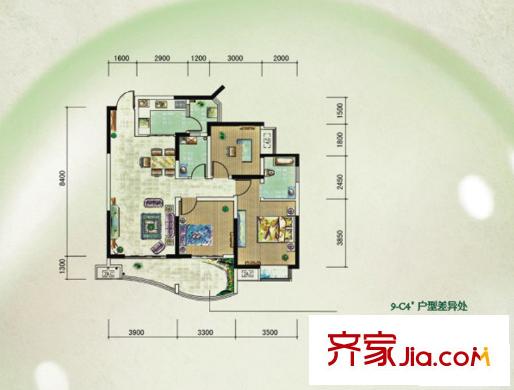 保利心語花園戶型圖一期9號樓C4戶型標(biāo)準(zhǔn)層 3室2廳2衛(wèi)1廚