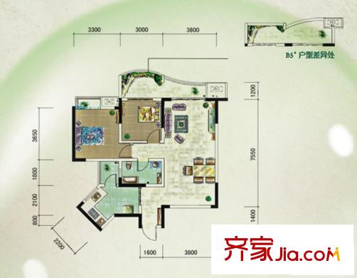 保利心語花園戶型圖一期9號樓B5戶型標準層 2室2廳1衛(wèi)1廚