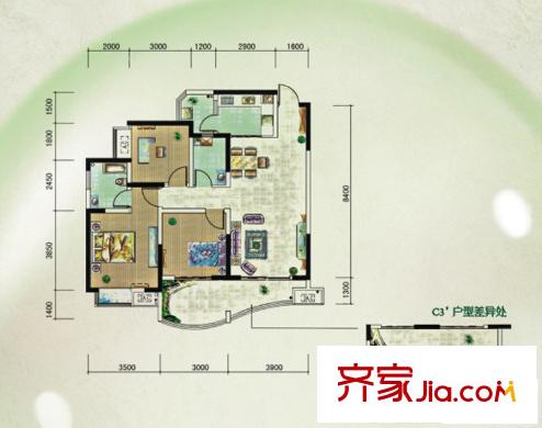 保利心語花園戶型圖一期9號樓C3戶型標準層 3室2廳2衛(wèi)1廚