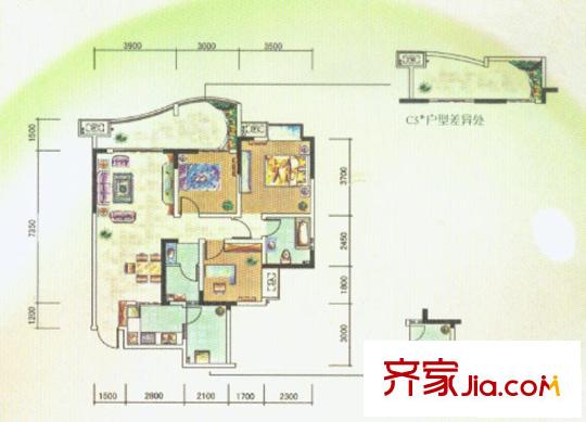 保利心語花園戶型圖C5 3室2廳2衛(wèi)1廚